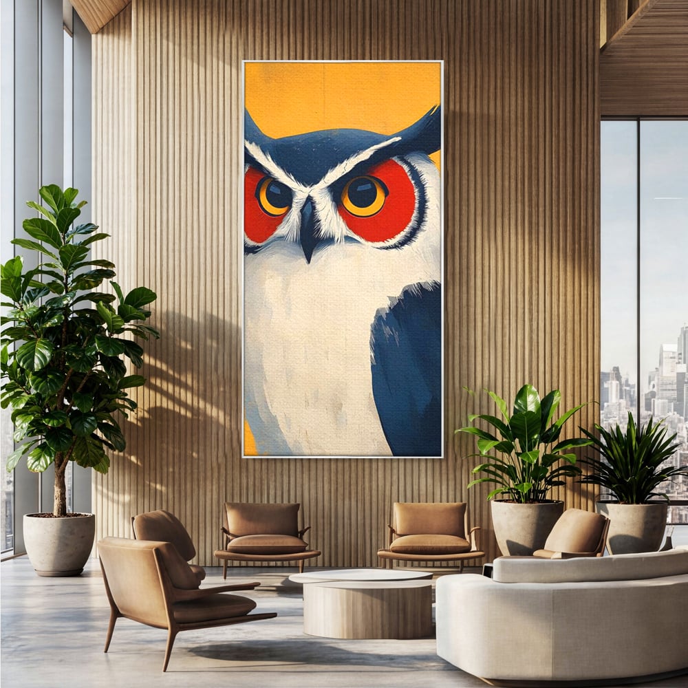 Tablou canvas cu tablou canvas cu bufnita stilizata, in rama de aluminiu argintiu, pe perete intr-un birou